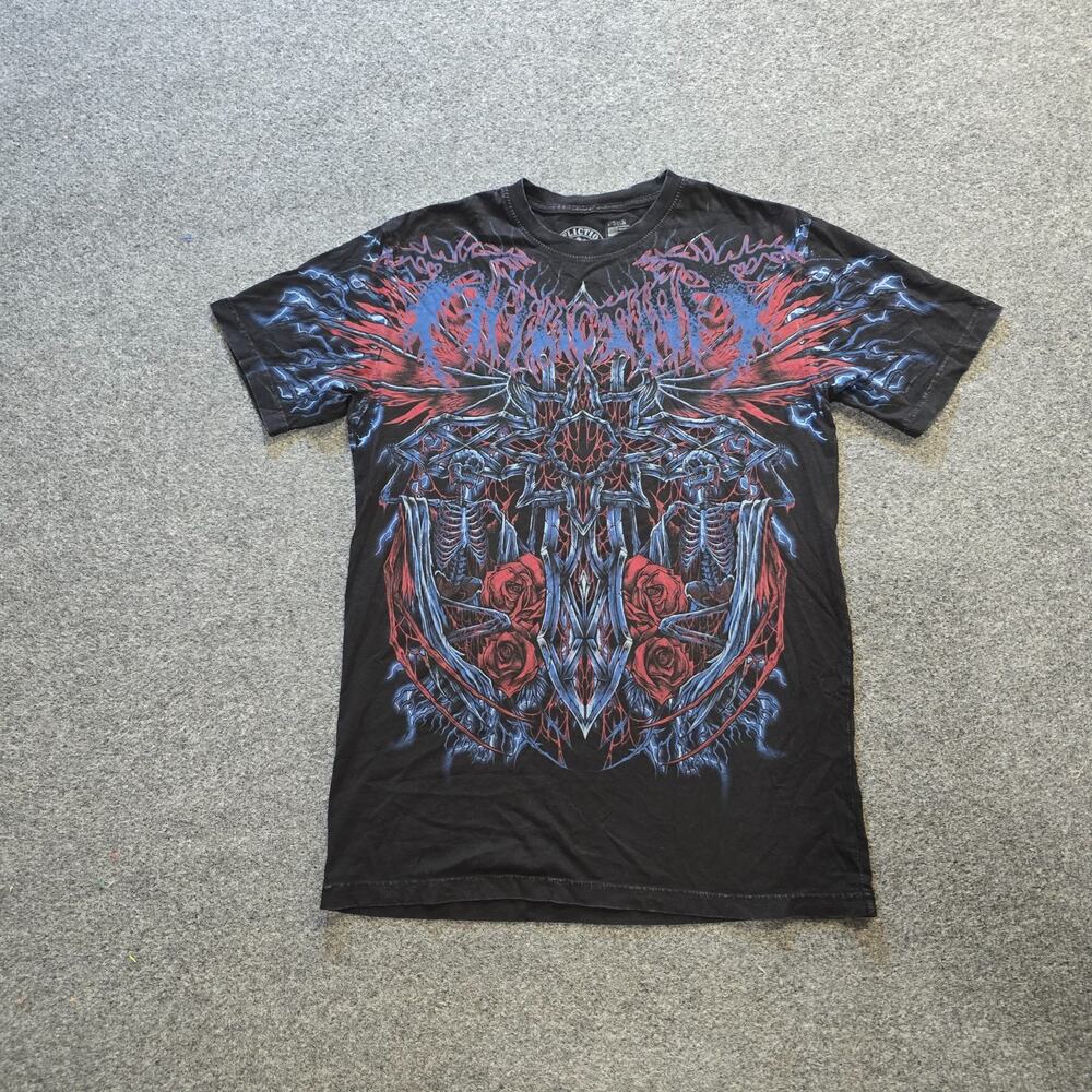 Affliction Shirt Mens Size Medium Black Red Short Sleeve Graphic Crew Neck Y2K